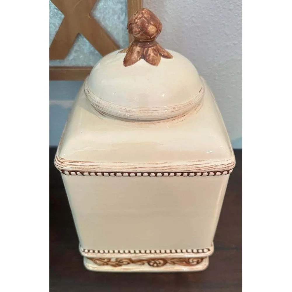 Nonnis Ceramic Biscotti Jar Cream Brown Artichoke Finial Kitchen Canister